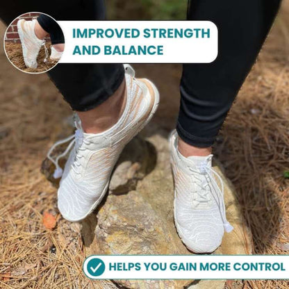 Person wearing unisex barefoot minimalist hiking shoes, showcasing wide toe box and flexible design