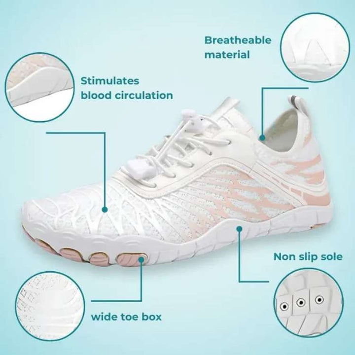 Side view of unisex barefoot shoes, highlighting the thin, flexible sole and spacious toe box
