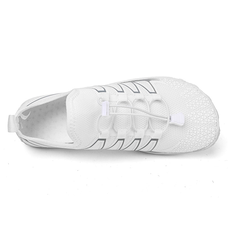 Black minimalist running shoes, lightweight & breathable, for natural foot splay.