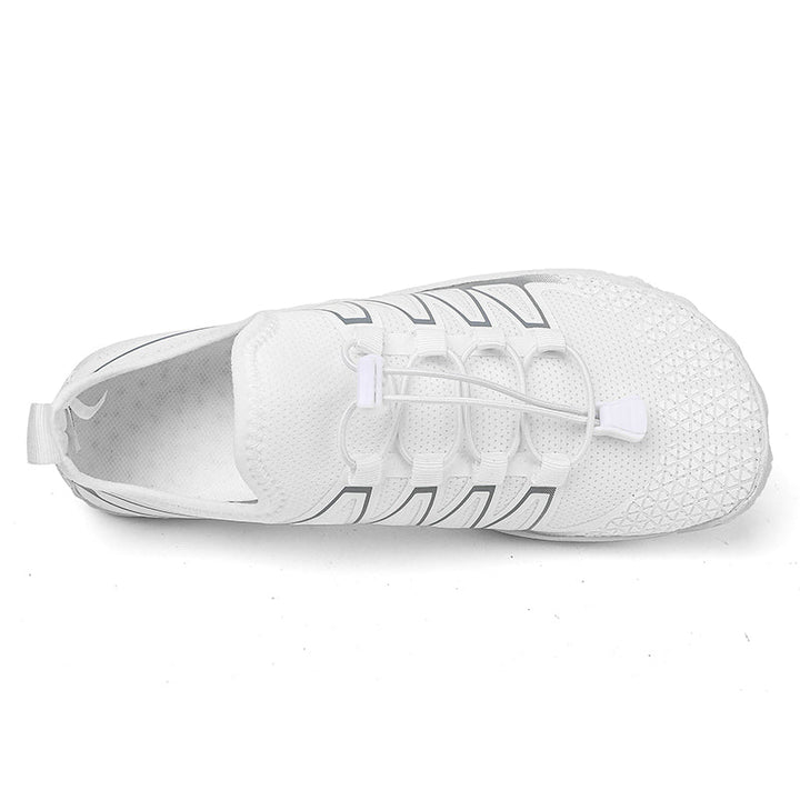 Black minimalist running shoes, lightweight & breathable, for natural foot splay.
