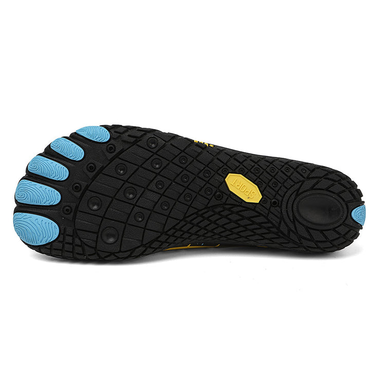 Lightweight minimalist shoes, black, flexible for running & athletic activities.