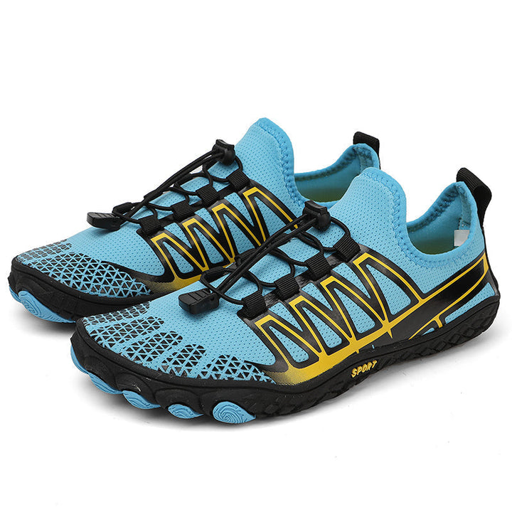 Flexible barefoot running shoes, grey, with a wide toe box for natural spread.