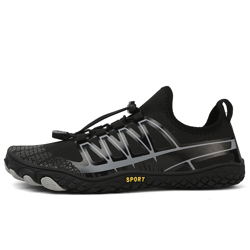 Black lightweight barefoot training shoes, versatile for gym & outdoor running.
