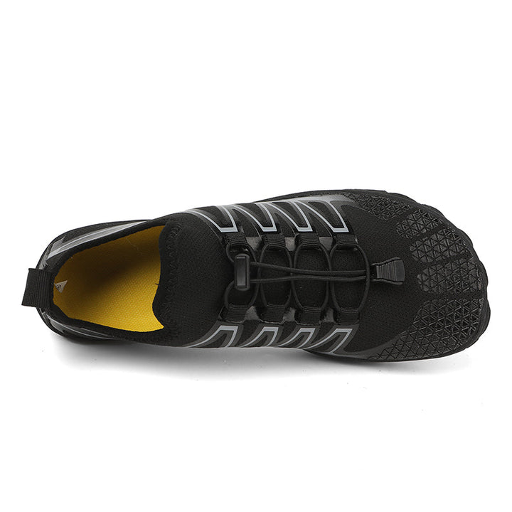 Barefoot running shoes, black, breathable mesh upper, designed for comfort.