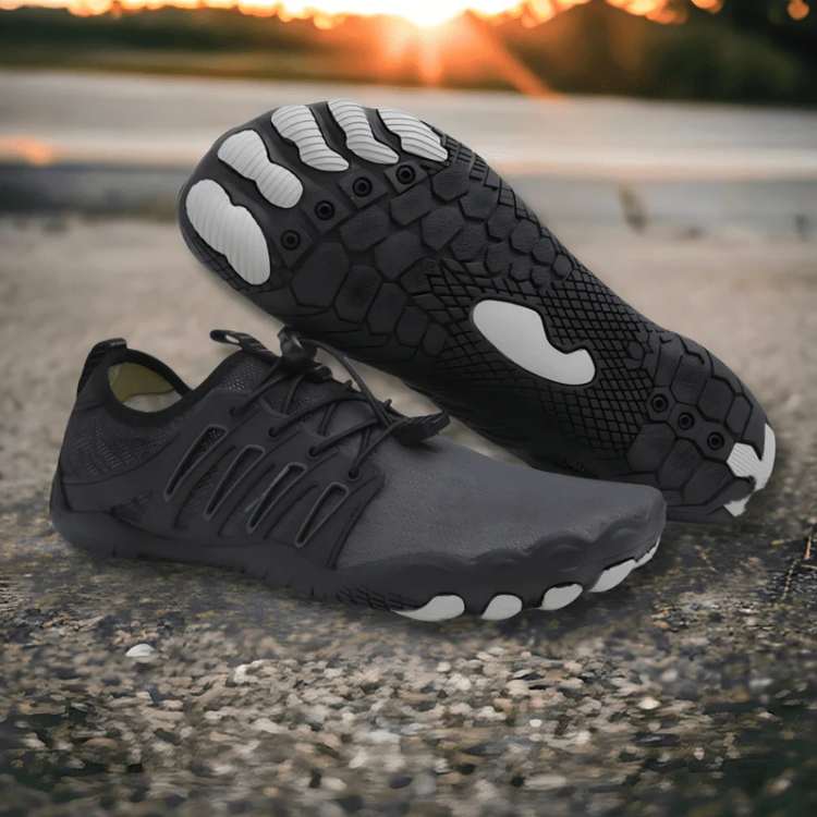 Breathable upper material of unisex barefoot hiking shoes, featuring minimalist design