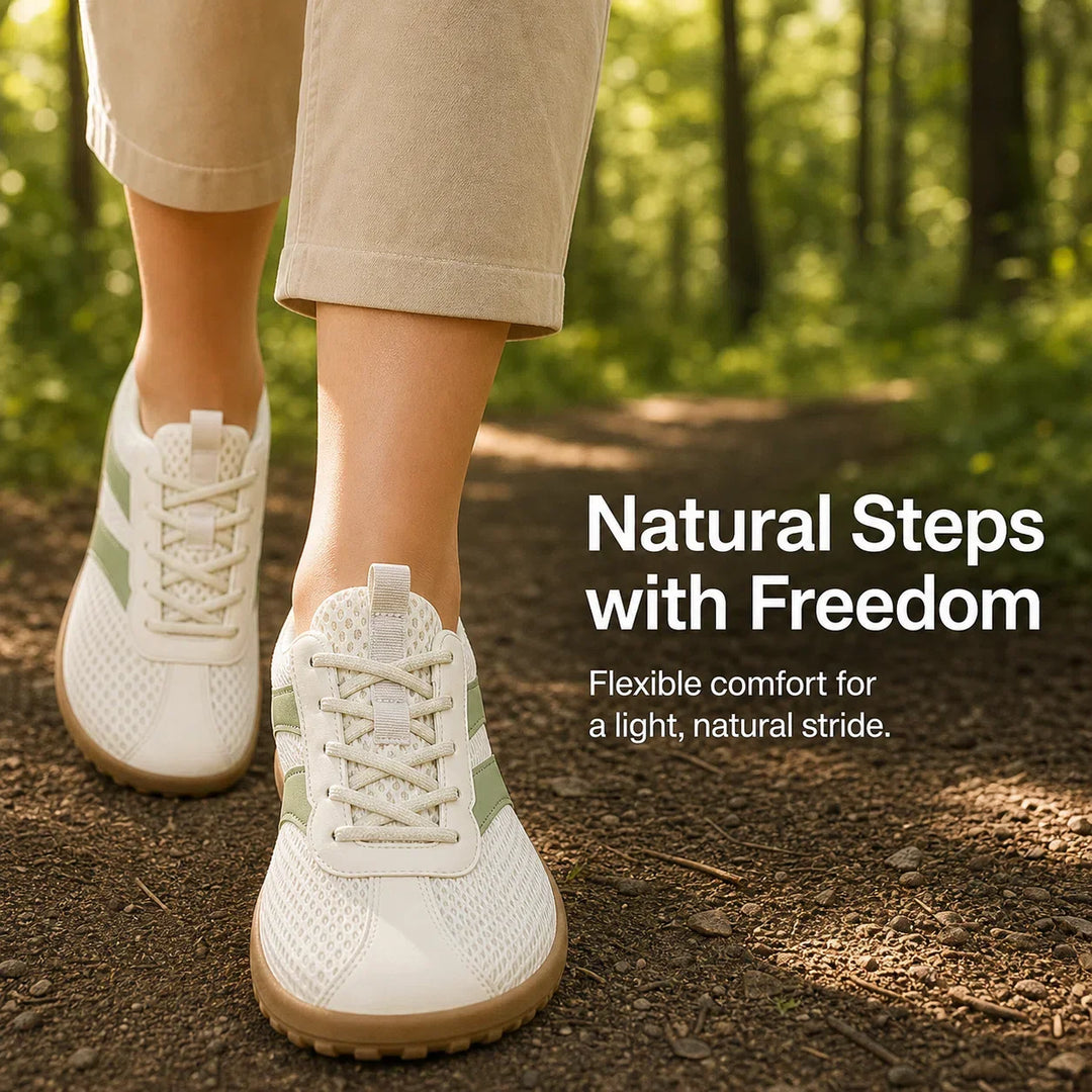 Close-up of wide toe box on unisex barefoot walking shoe, ensuring natural foot splay & comfort.