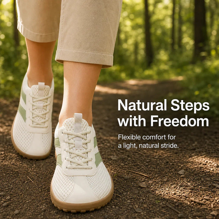 Close-up of wide toe box on unisex barefoot walking shoe, ensuring natural foot splay & comfort.