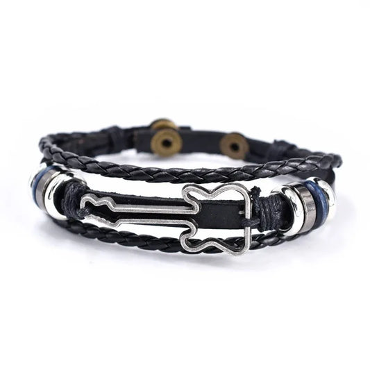 Unisex Bass Guitar Leather Bracelet. Vintage style music jewelry, a perfect musician gift.