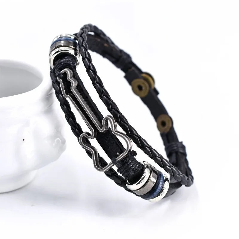 Vintage rock fashion bass guitar leather bracelet. Unisex accessory, great gift for him or her.