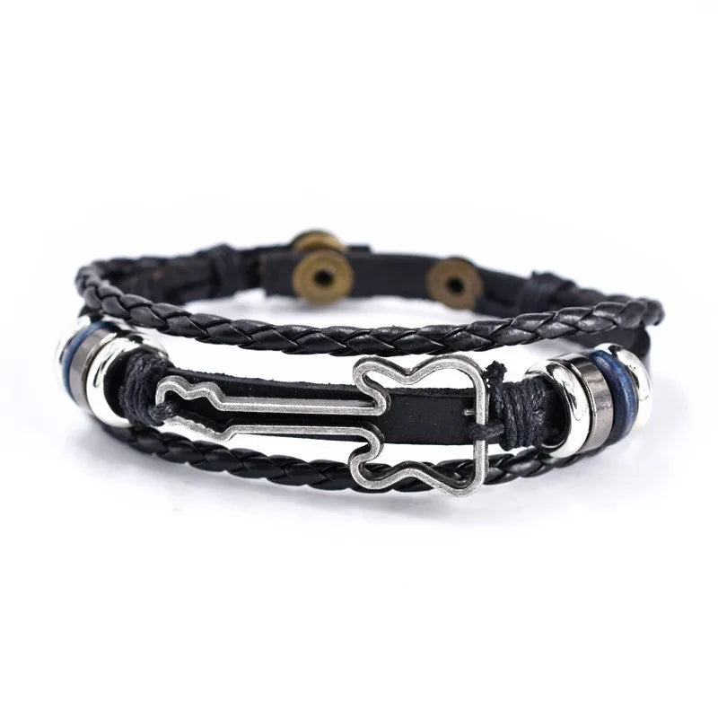 Rustic leather bracelet featuring a detailed bass guitar design, a cool unisex music accessory.