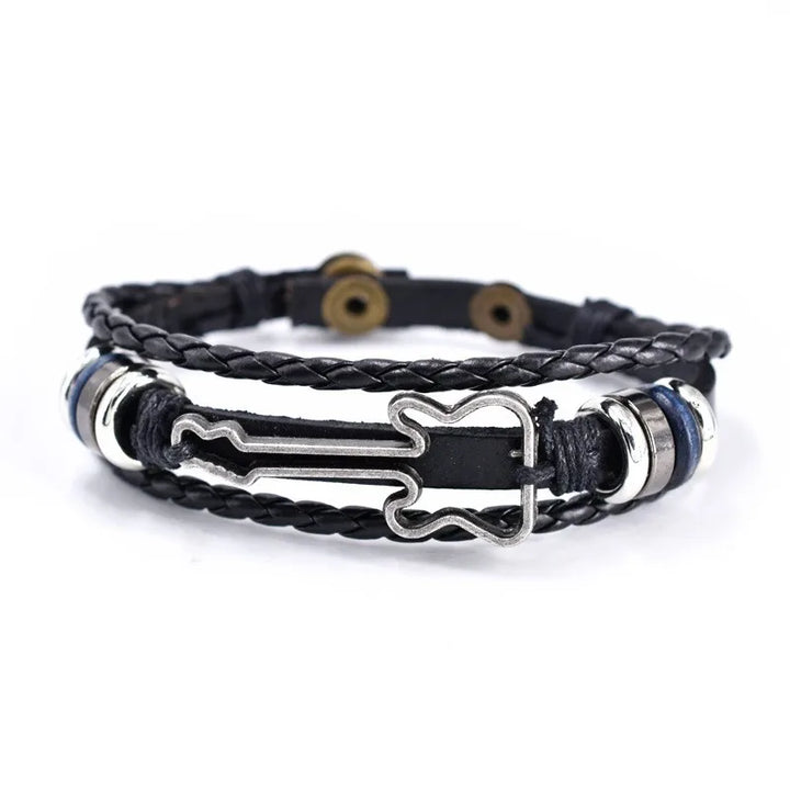 Rustic leather bracelet featuring a detailed bass guitar design, a cool unisex music accessory.