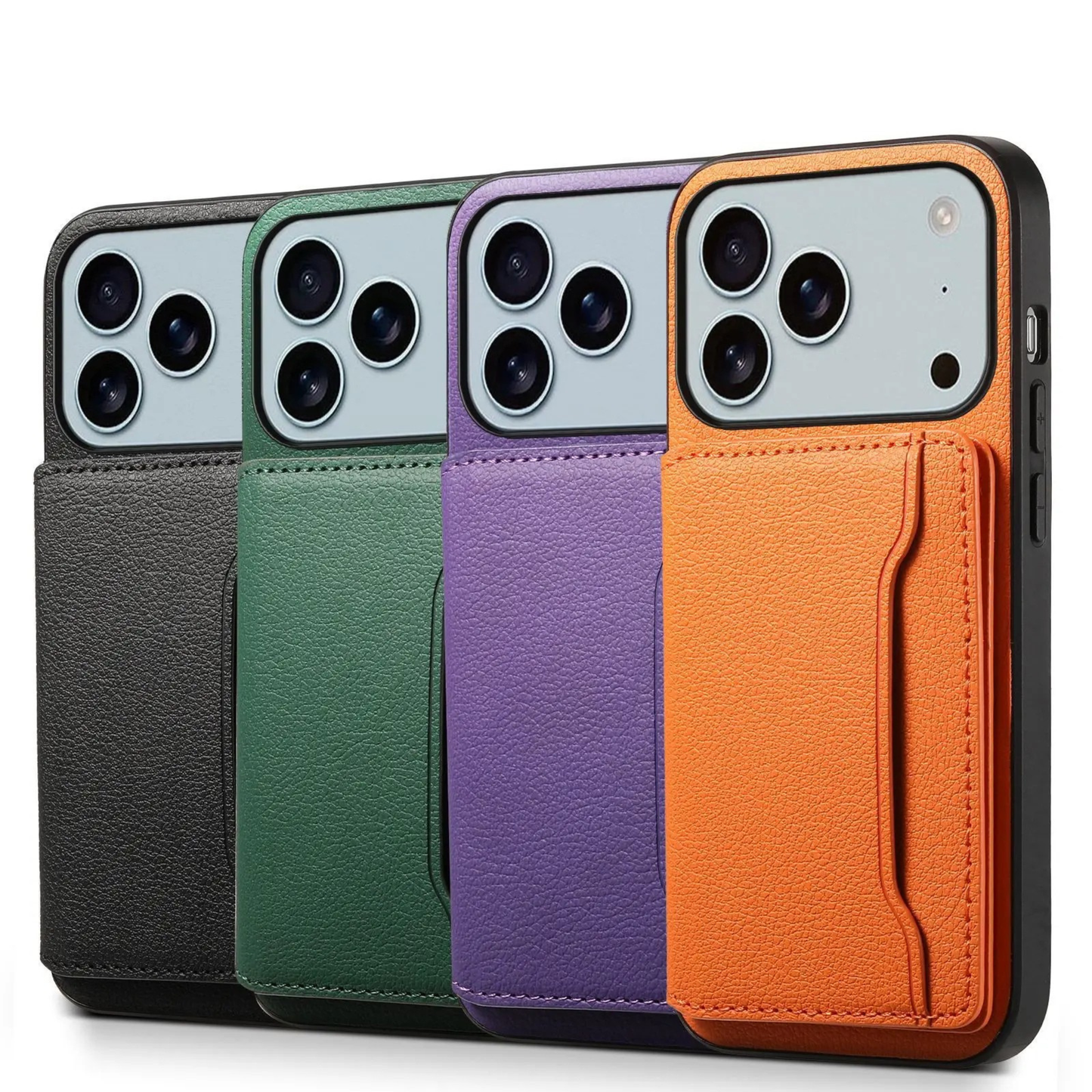Practical phone accessory: bifold smartphone wallet case. Card holder, kickstand, vegan leather.
