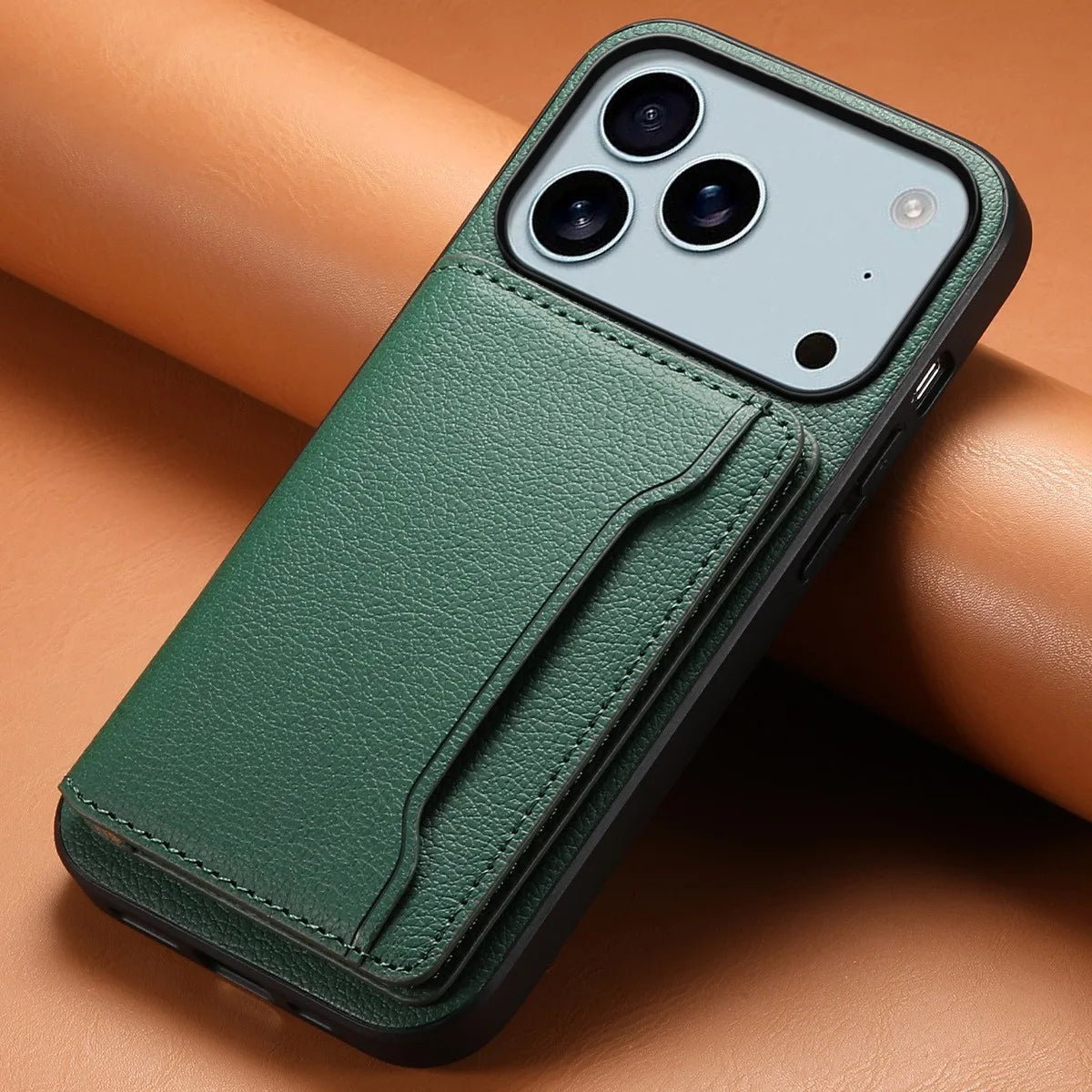 Bifold smartphone wallet case with integrated kickstand for hands-free viewing. Shockproof protection.