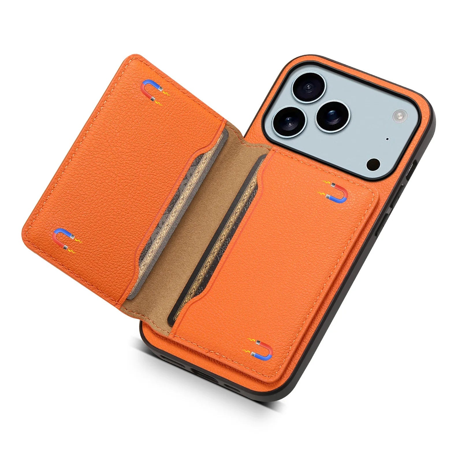 Open bifold smartphone wallet case. Shows card slots, cash pocket, and phone holder.