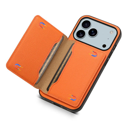 Open bifold smartphone wallet case. Shows card slots, cash pocket, and phone holder.