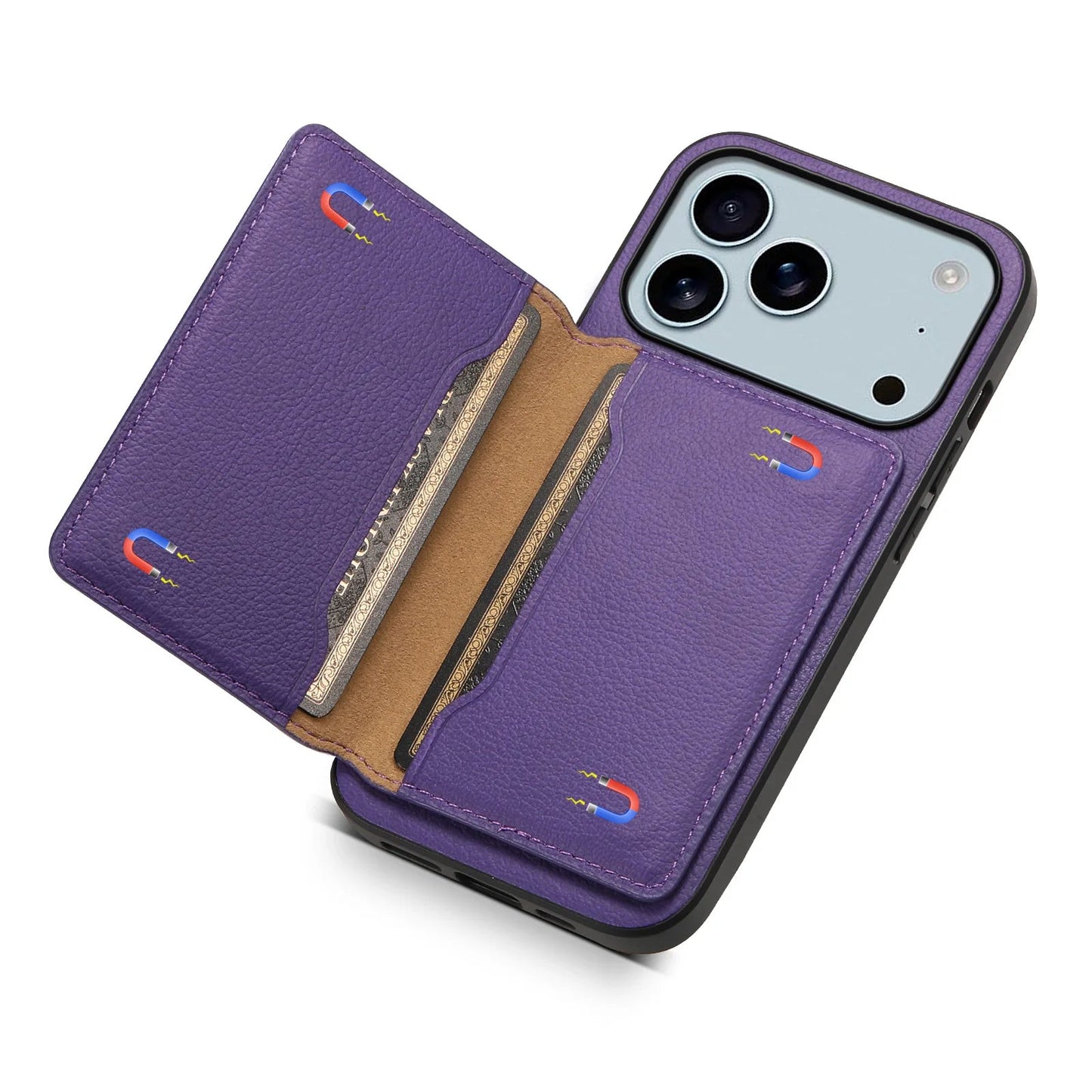 Closed bifold smartphone wallet case. Sleek vegan leather design, secure magnetic closure.