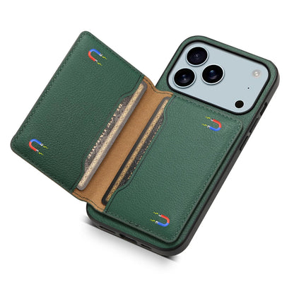 Angled view of a unisex bifold smartphone wallet case. Highlights kickstand function and card holder.