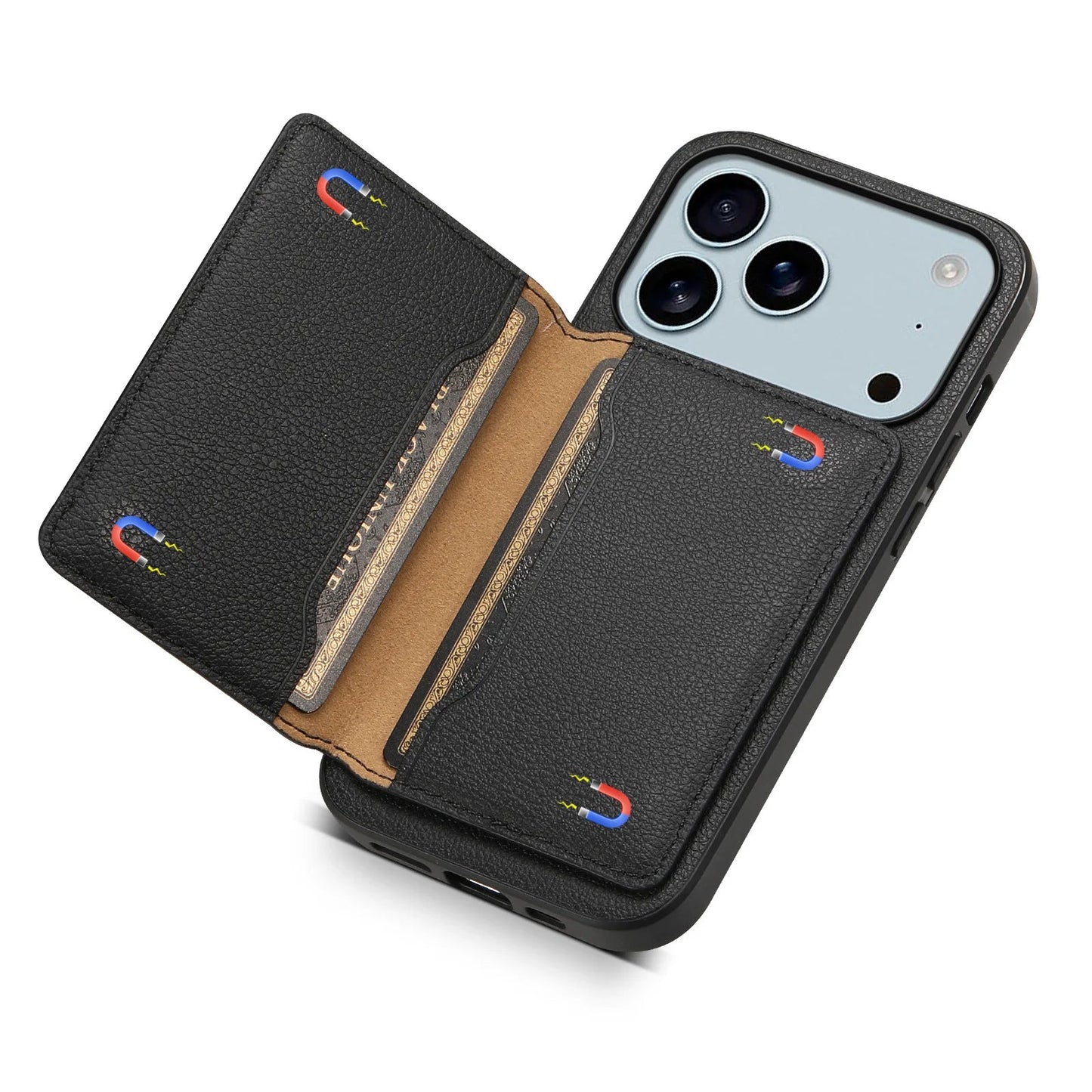 Functional bifold smartphone case with multiple card slots. Vegan leather, secure magnetic closure.