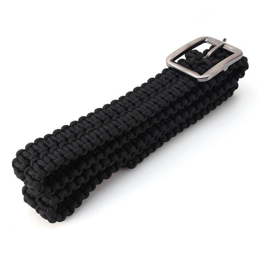 Tactical survival utility belt made from 550 paracord, shown on a mannequin, essential camping accessory