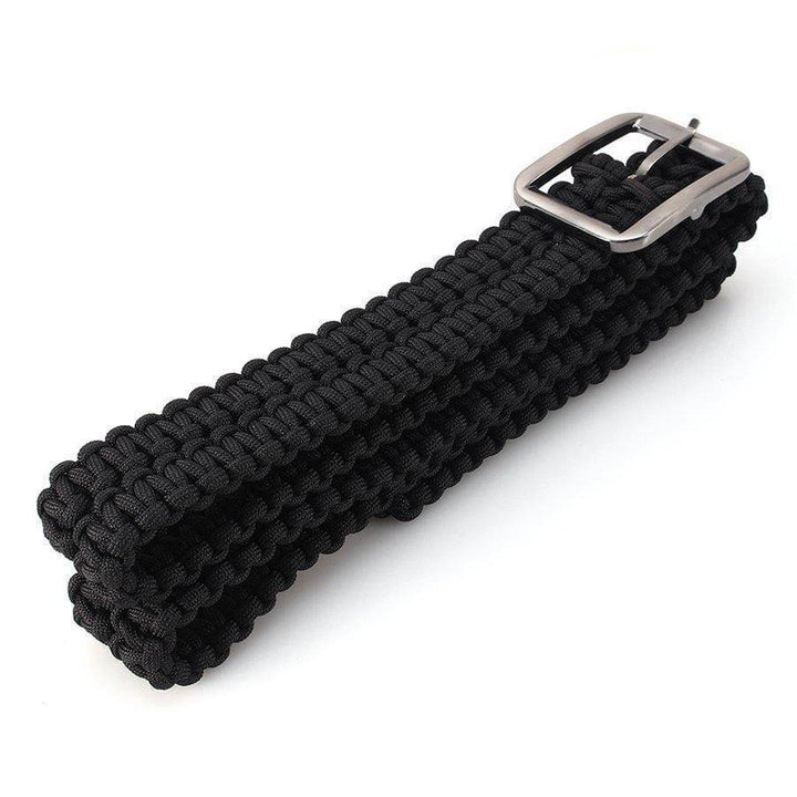 Tactical survival utility belt made from 550 paracord, shown on a mannequin, essential camping accessory