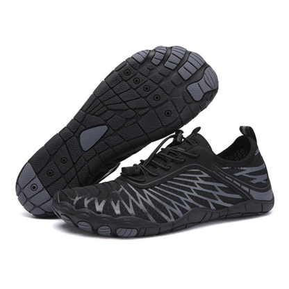 Unisex black barefoot minimalist shoes for natural movement, wide toe box, and zero drop sole.