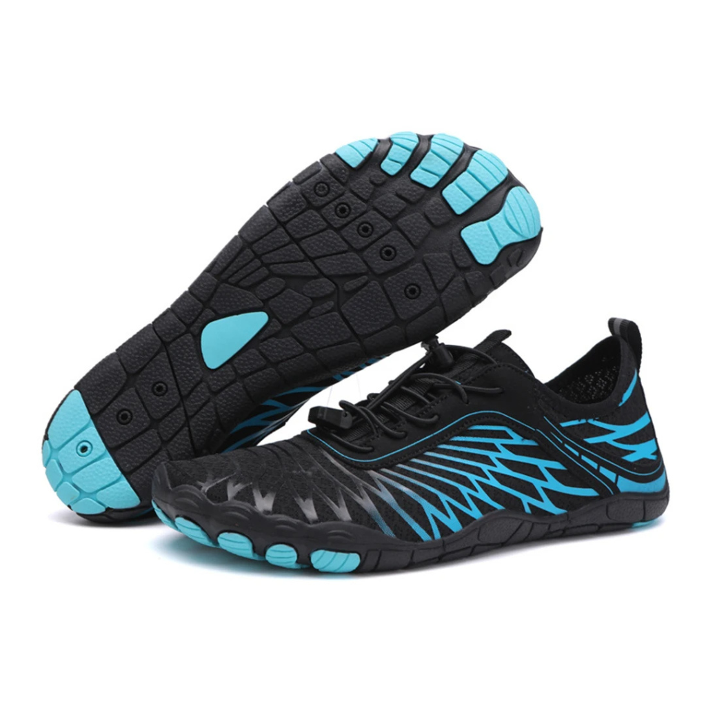 Pair of navy barefoot shoes, showcasing wide toe box and non-slip sole for secure movement.