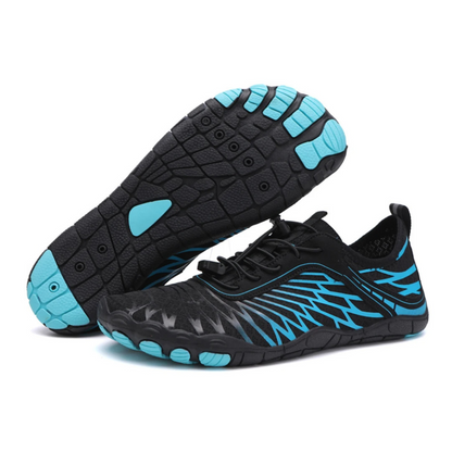 Pair of navy barefoot shoes, showcasing wide toe box and non-slip sole for secure movement.