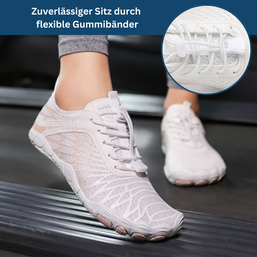 Top-down view of barefoot athletic shoes, lightweight and flexible for active lifestyles.