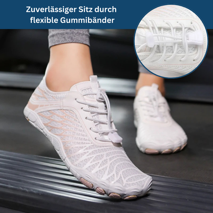 Top-down view of barefoot athletic shoes, lightweight and flexible for active lifestyles.