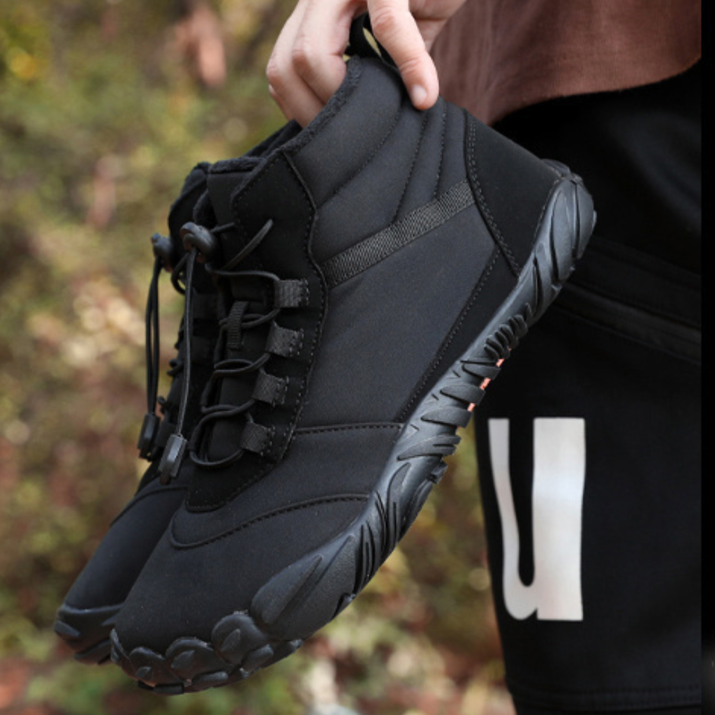 Minimalist black barefoot shoes for winter, emphasizing the wide toe box and durable design.