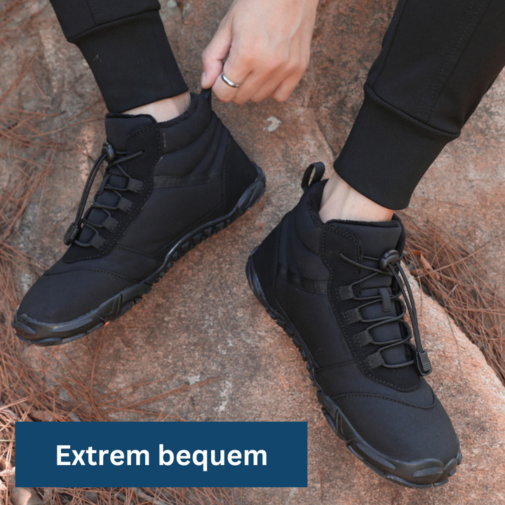 Person wearing black unisex minimalist barefoot shoes, showcasing their wide toe box comfort.