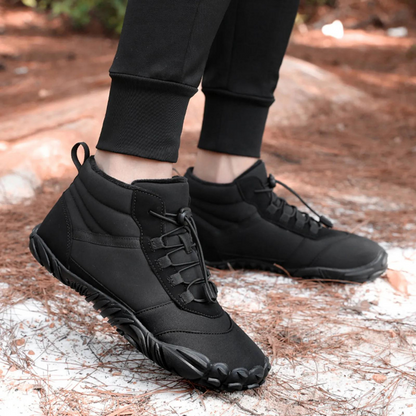 Unisex thermal barefoot shoes, black, highlighting their sleek design and outdoor readiness.
