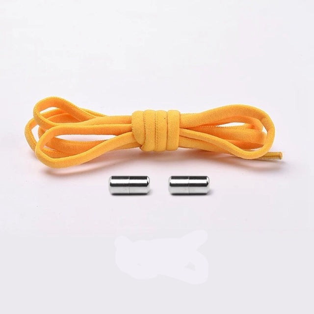 Pair of grey elastic no-tie shoelaces displayed, emphasizing their versatility