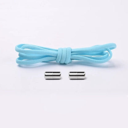 Purple no-tie elastic shoelaces coiled, ready for quick footwear installation