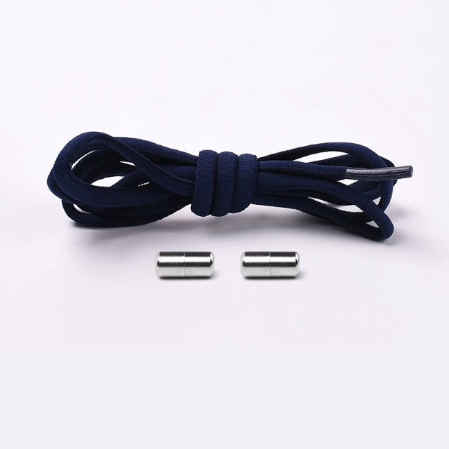 Black elastic no-tie shoelaces with metal tips, adding style and convenience