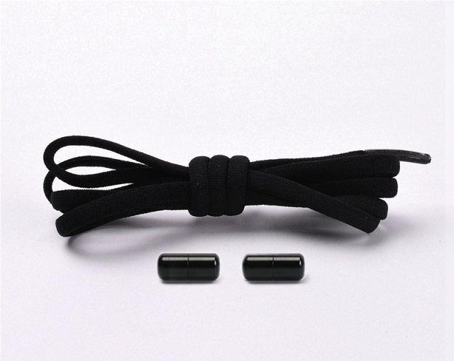 Grey no-tie elastic laces installed, demonstrating a snug fit for any footwear