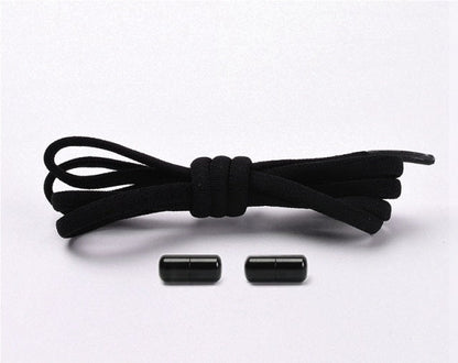 Grey no-tie elastic laces installed, demonstrating a snug fit for any footwear