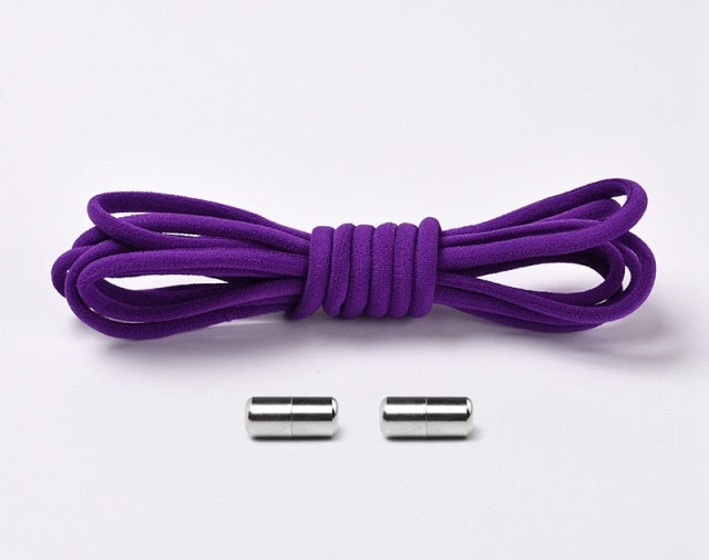 Purple elastic no-tie shoelaces, enhancing the ease of wearing kids' and adult shoes