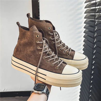 Lace-up unisex high top platform shoes. Stylish casual footwear for a trendy look.