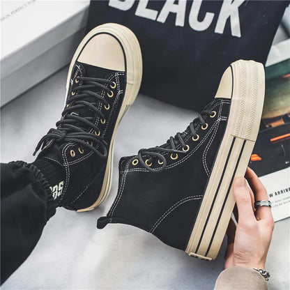 Unisex lace-up high top platform sneakers, combining comfort with contemporary elevated style.