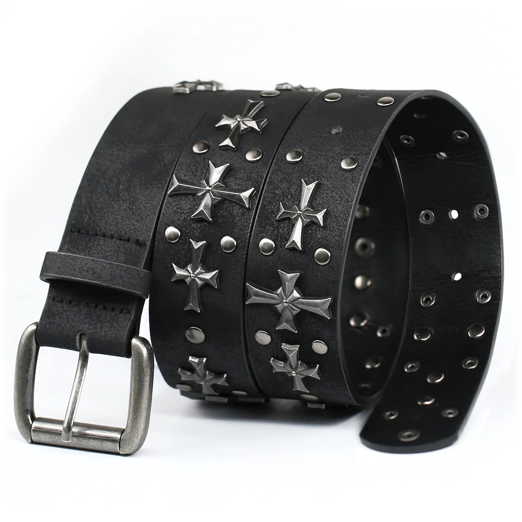 Unisex black faux leather belt with gothic studs and prominent cross rivets, a perfect punk rock accessory.