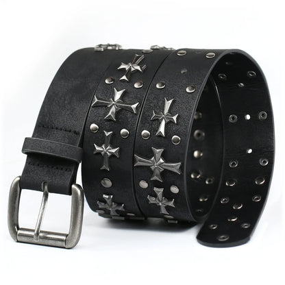 Unisex black faux leather belt with gothic studs and prominent cross rivets, a perfect punk rock accessory.
