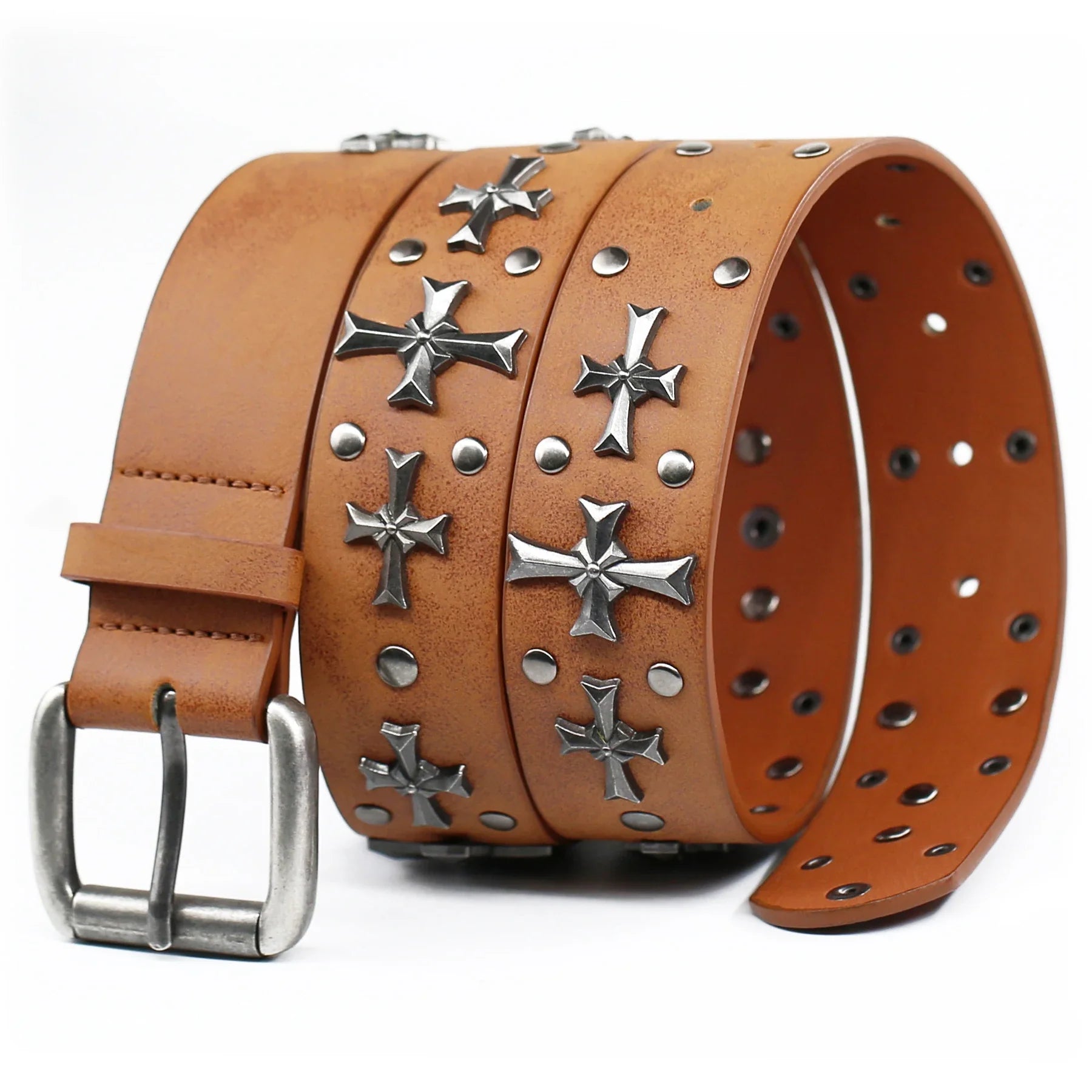 Gothic studded faux leather belt, a unisex punk rock statement piece with silver cross rivets.