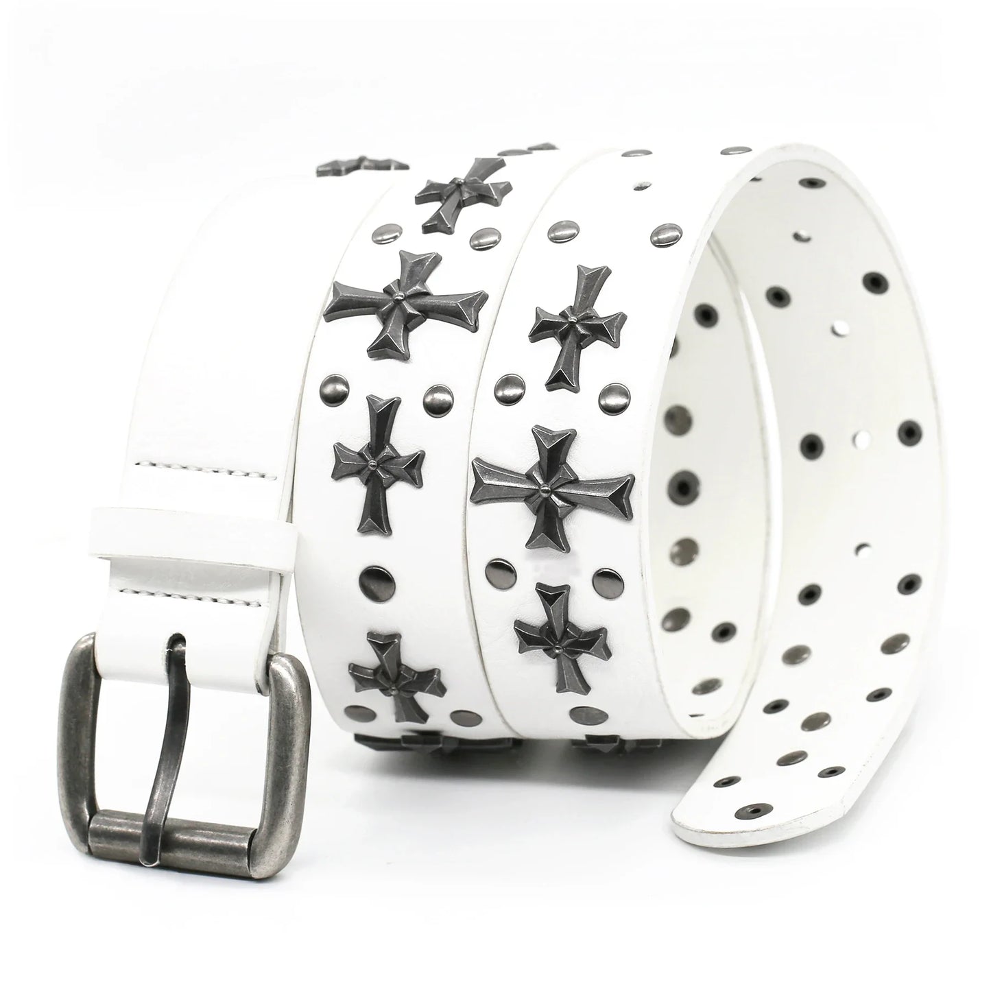Black faux leather waist belt featuring detailed gothic studs and distinctive cross rivet designs.