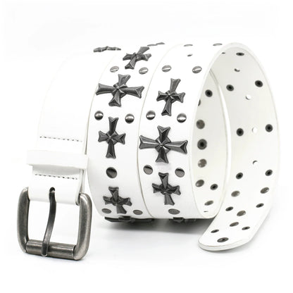 Black faux leather waist belt featuring detailed gothic studs and distinctive cross rivet designs.