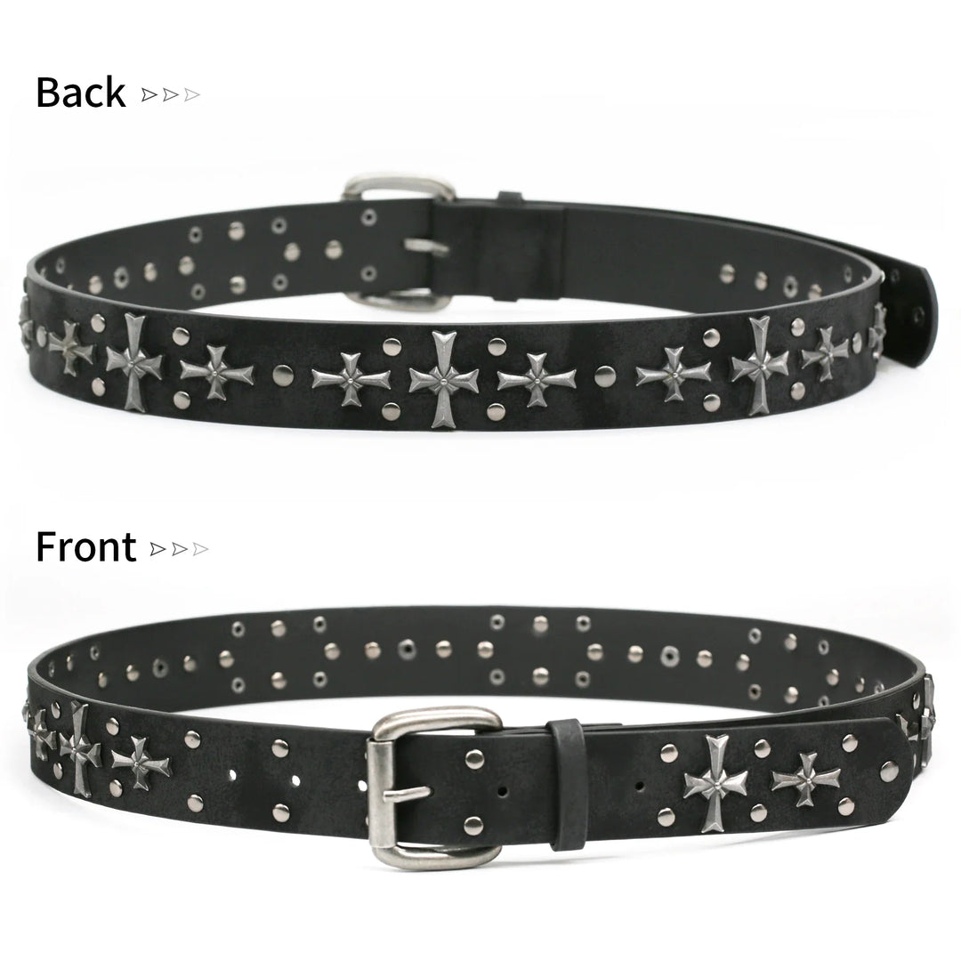 Stylish unisex gothic belt with prominent studs and cross rivets, ideal for punk and rock fashion.