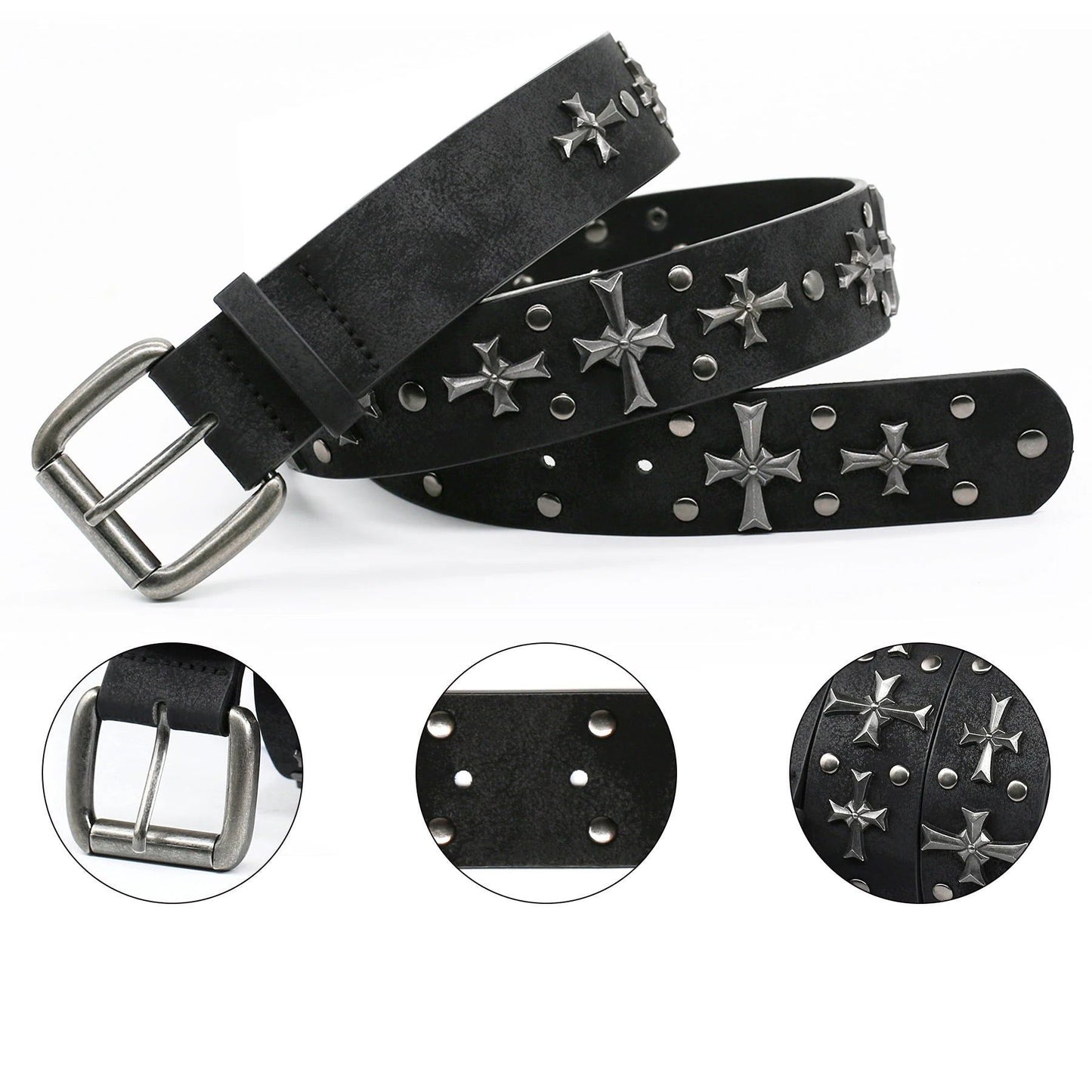 Close-up of a studded gothic faux leather belt, showing intricate cross rivets and sturdy buckle.