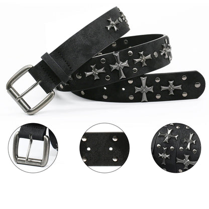 Close-up of a studded gothic faux leather belt, showing intricate cross rivets and sturdy buckle.