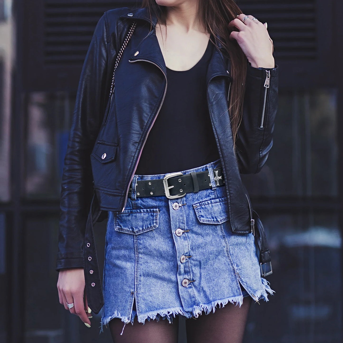 Unisex black faux leather waist belt with classic gothic studs and eye-catching cross rivet embellishments.