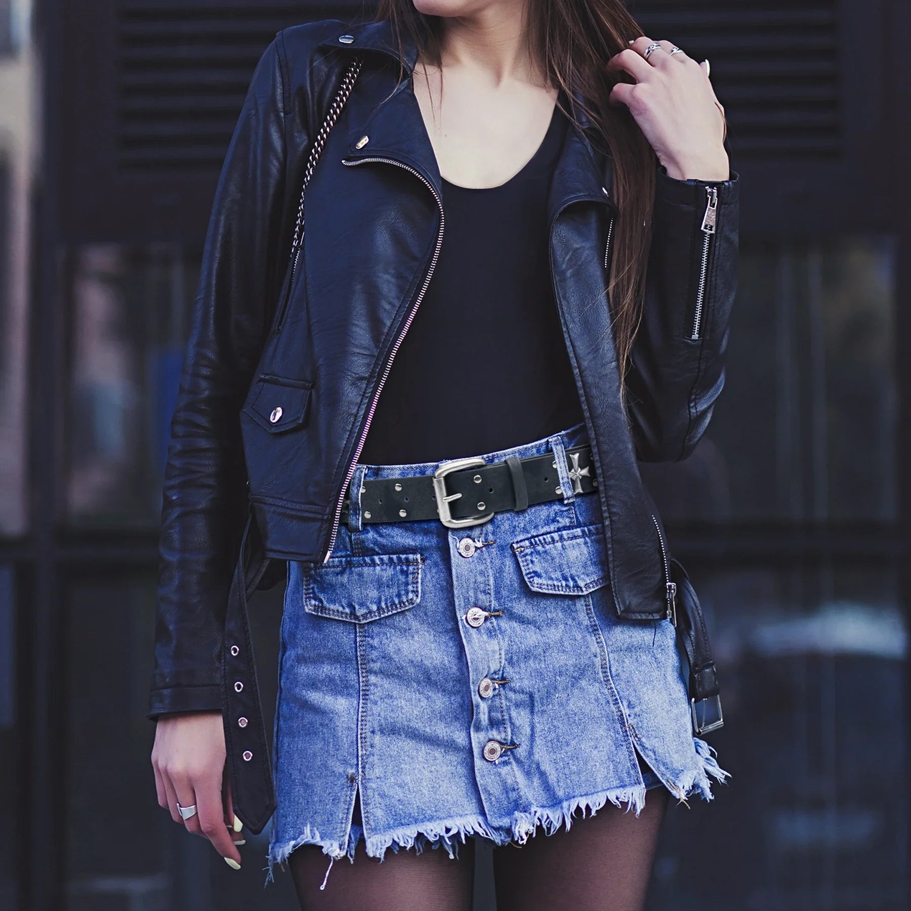 Unisex black faux leather waist belt with classic gothic studs and eye-catching cross rivet embellishments.